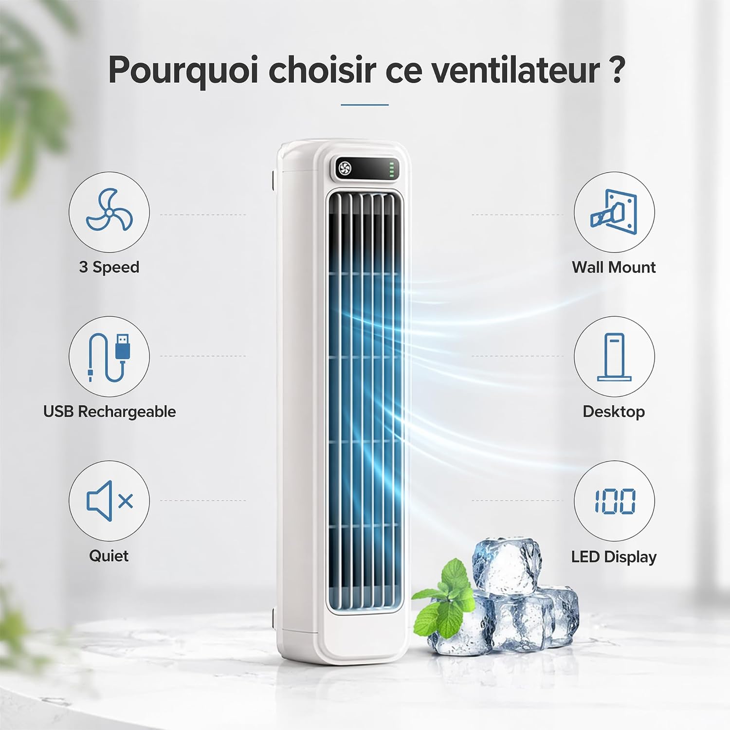 GENERIC Climatiseur Mobile Silencieux Sans Évacuation, Ventilateur Rafraîchisseur D'Air à Évaporation 3 Vitesses Mode Freeze, Sans Pales USB-C Sans Fil Portable Pour Chambre Bureau Maison