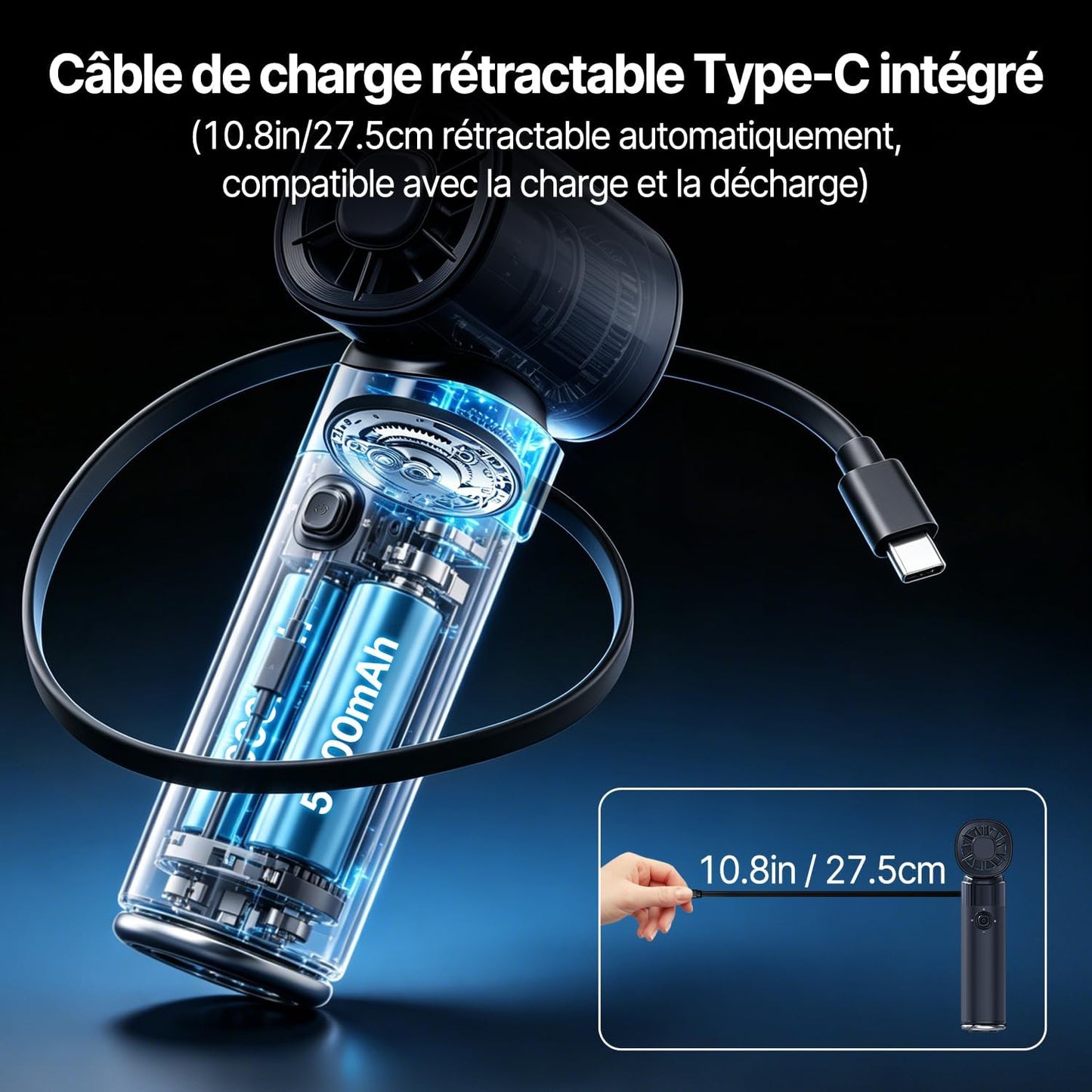  YAyusi Ventilateur Portable Rechargeable,10000mAh Multifonctionnel Et Puissant Avec Fonction De Refroidissement Par Glace,Turbo Rechargeable Puissance Réglables (0 à 100) Pour Les Voyages/Bureau
