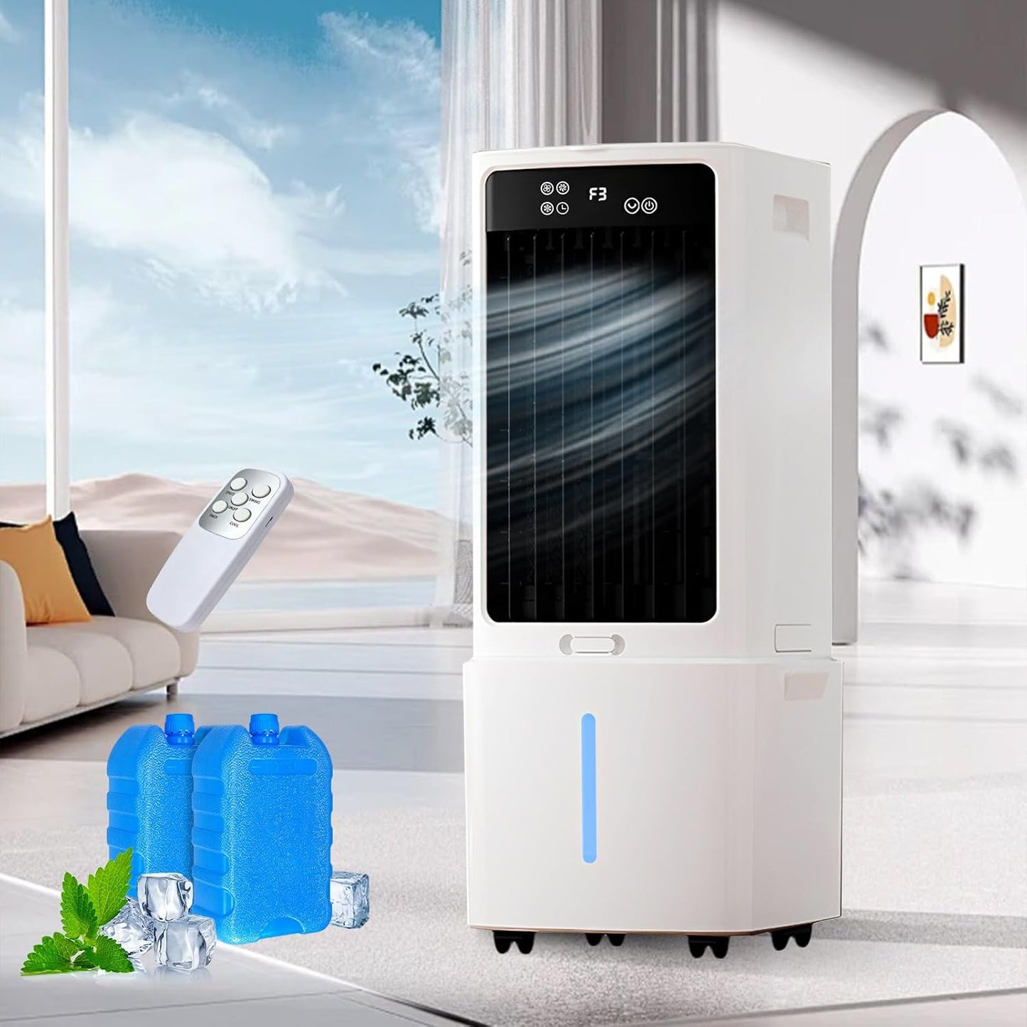  Rafraîchisseur D'Air 12L 4-en-1 Climatiseur Mobile, Humidificateur Purificateur Avec Télécommande Et 2 Packs De Glace, Écran Tactile