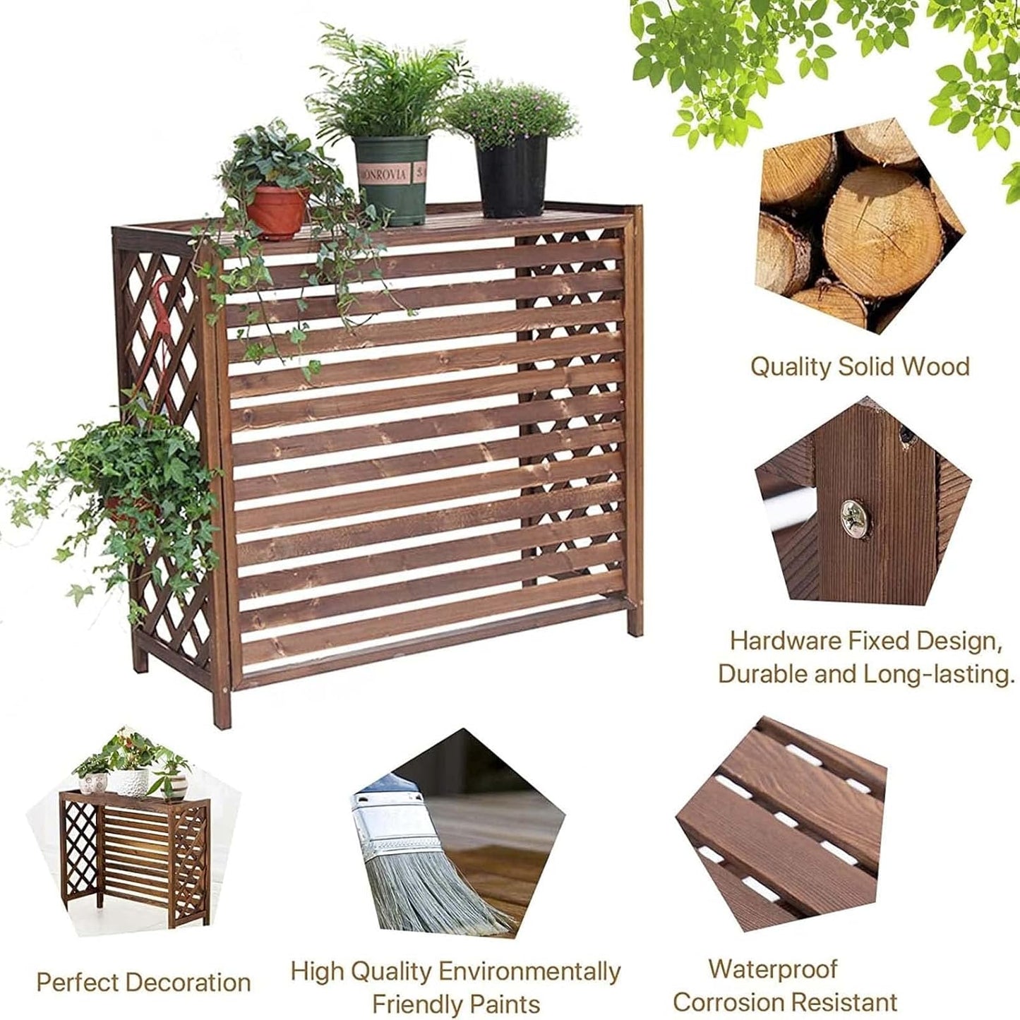 GENERIC Housse En Bois Marron Pour Climatiseur Avec Persiennes - Conteneur à Condensateur Caché Pour L'extérieur - Facile à Installer - Résistant Aux Intempéries