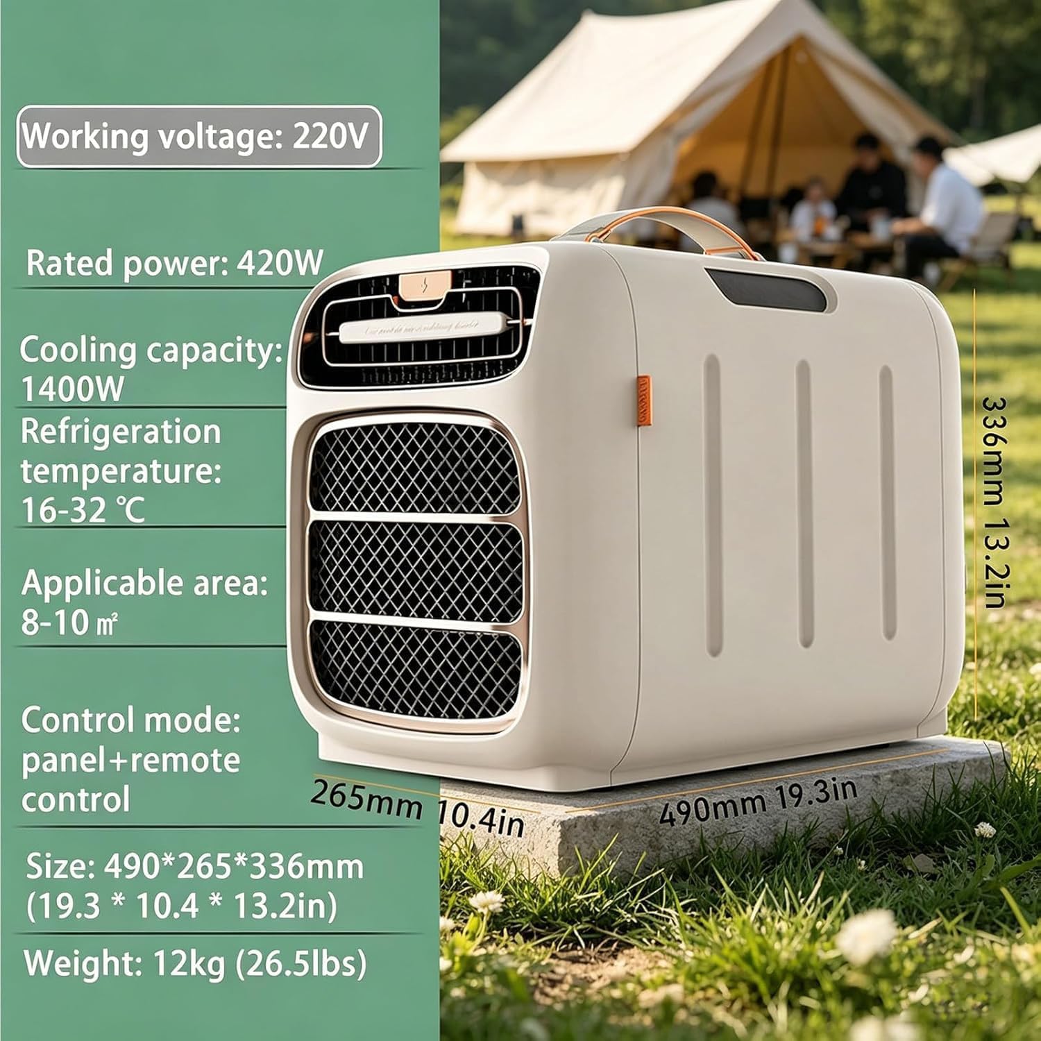  Climatiseur Portable 4800BTU, Silencieux ≤40dB, Refroidissement & Chauffage 16-32°C, Compresseur Intégré,Coque ABS Durable, Pour Tente Camping-Car Caravane Fourgon Cooling&Heating