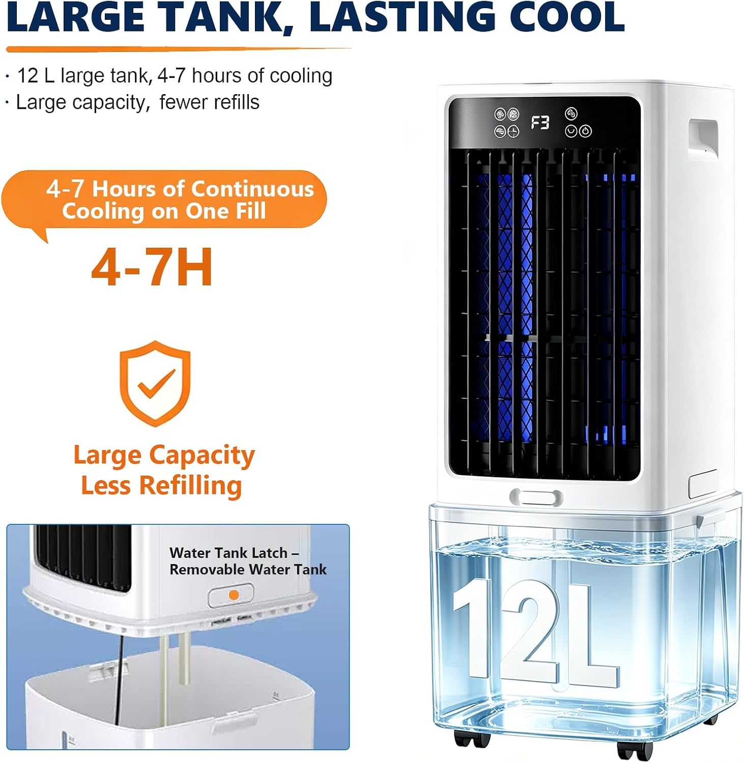 GENERIC Refroidisseur D'air Par évaporation Portable, Réservoir De 12 L, Refroidissement Rapide Par Rideau D'eau 588 CFM, Ventilateur à 3 Vitesses, Climatisation Sans Fenêtre, Télécommande Pivotante à 120°