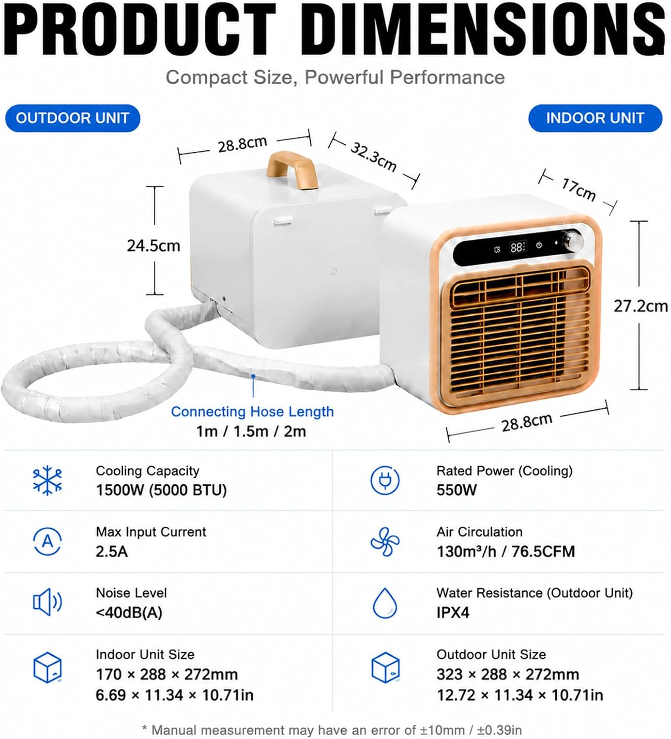 Climatiseur Split Portable 5000 BTU, AC Pour Camping 2m | Structure Compacte Tactile, Climatisation De Bureau Avec Option Tuyau Long 1m/1.5m/2m, Minuterie 12H Lit