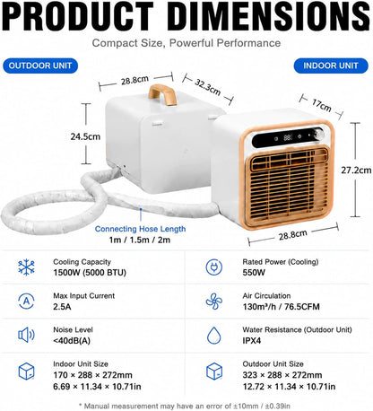  Climatiseur Tente Camping 5000 BTU, Climatiseur Split 1.5m | Structure Mobile Silencieuse, Mini AC De Table Pour Chambre Bureau, Choix De Tuyau 1m/1.5m/2m Sans Eau 12H