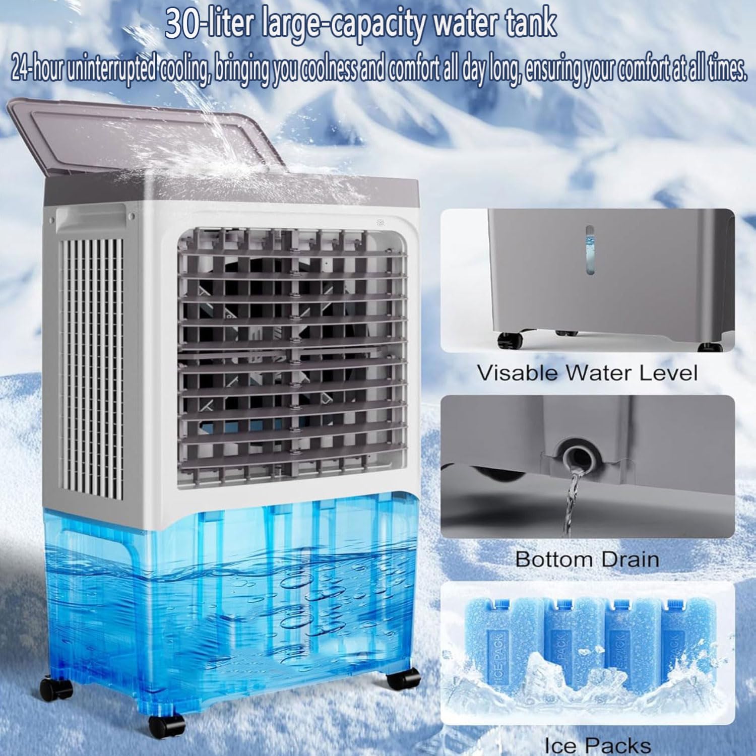 GENERIC Refroidisseur D'air Portable Avec Réservoir De 30L, Ventilateur à Courant Alternatif évaporatif Pour Une Utilisation Intérieure.Doté De 3 Vitesses, Oscillation Grand Angle, Télécommande Et Mobilité Fa