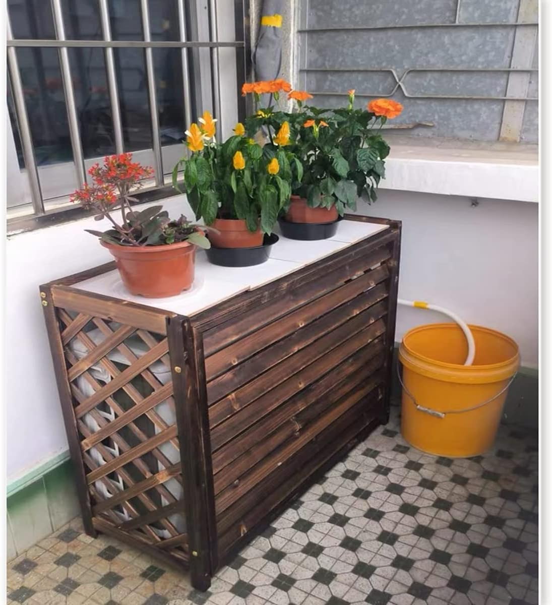  Housse De Protection Pour Climatiseur Pompe à Chaleur, Support De Fleurs D'extérieur En Bois, écran De Confidentialité En Bois Massif Pour Climatiseur, Protection De Balcon Dissimulée