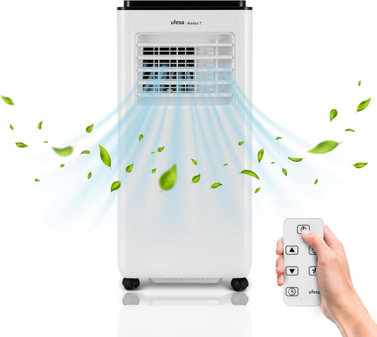  Ufesa Climatiseur Portable A7 3en1, Refroidissement, Ventilation Et Déshumidification, 7000 BTU/jour, Silencieux, Affichage LED, Minuterie 24h, Jusqu'à 12m², Gaz R290, Télécommande