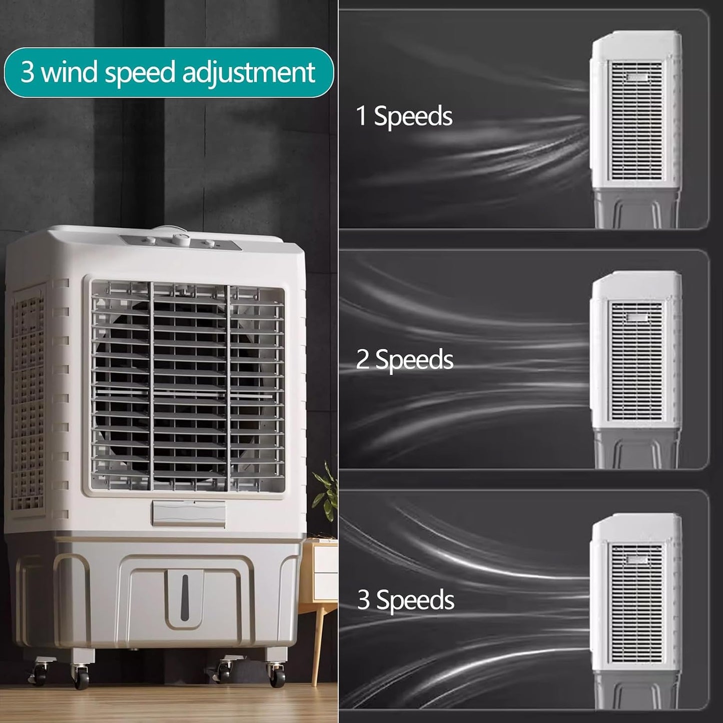 GENERIC Refroidisseur D'air évaporatif Portable, Réservoir De 50L, Oscillation 120 °, 3 Vitesses, Conception à Roues Silencieuses Pour La Chambre à Coucher, Bureau, Garage, Ventilateur De Refroidissement Inté