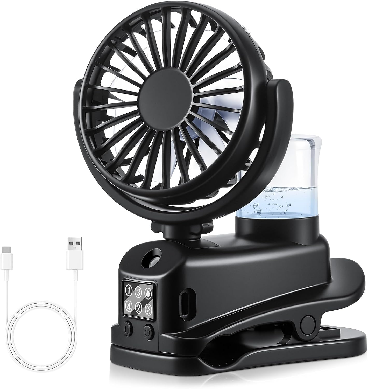  JIZZU Ventilateur à Pince, Mini Ventilateur Rechargeable Par USB Avec Spray Humidificateur, à 4 Vitesses Avec Clip, Affichage LED, Small Table Fan Pour Bureau, Maison, Camping - Blanc