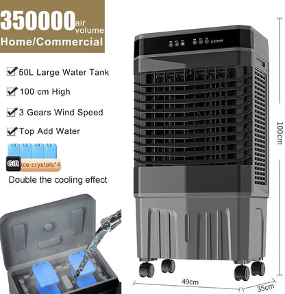  Refroidisseur D’air Évaporatif Portable, 40–50L Refroidissement Par Eau Avec Télécommande, Swamp Cooler 3 Vitesses, Minuterie 12H, Oscillation 120° Pour Garage Et Pièce(80x49x35cm)