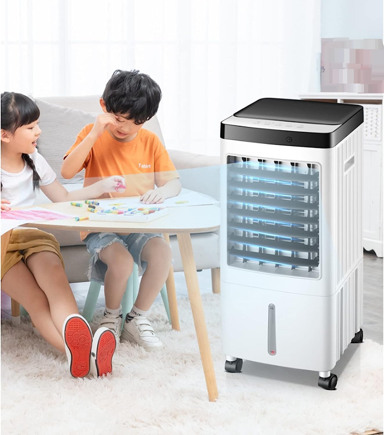 GENERIC Refroidisseur D'air Portable, 3 Vitesses Et 7H Minuterie, Ventilateur Oscillant à 60 ° Avec Humidificateur, Fonctionnement Silencieux Pour Le Bureau à Domicile, Roues Easy Mobili, Refroidisseur Sans V