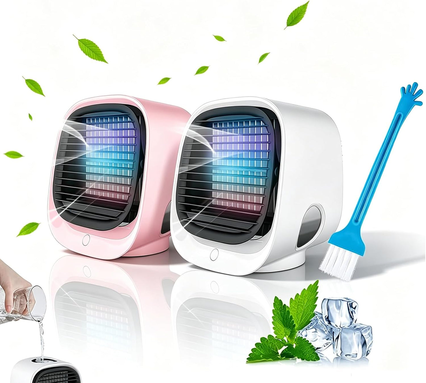  Mini Climatiseur Portable Blanc - Climatiseur Mobile Silencieux Sans Évacuation | 4 En 1 Rafraichisseur D'air & Petit Humidificateur Avec 3 Vitesses, Veilleuse & Rechargeable USB (2PC)