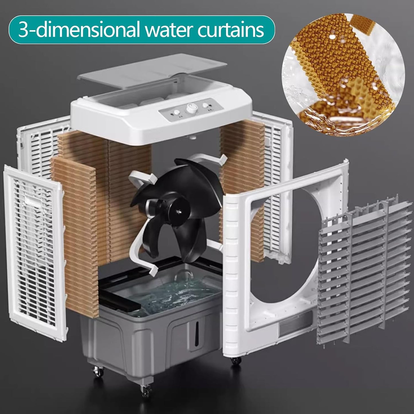 GENERIC Refroidisseur D'air évaporatif Portable, Réservoir De 50L, Oscillation 120 °, 3 Vitesses, Conception à Roues Silencieuses Pour La Chambre à Coucher, Bureau, Garage, Ventilateur De Refroidissement Inté