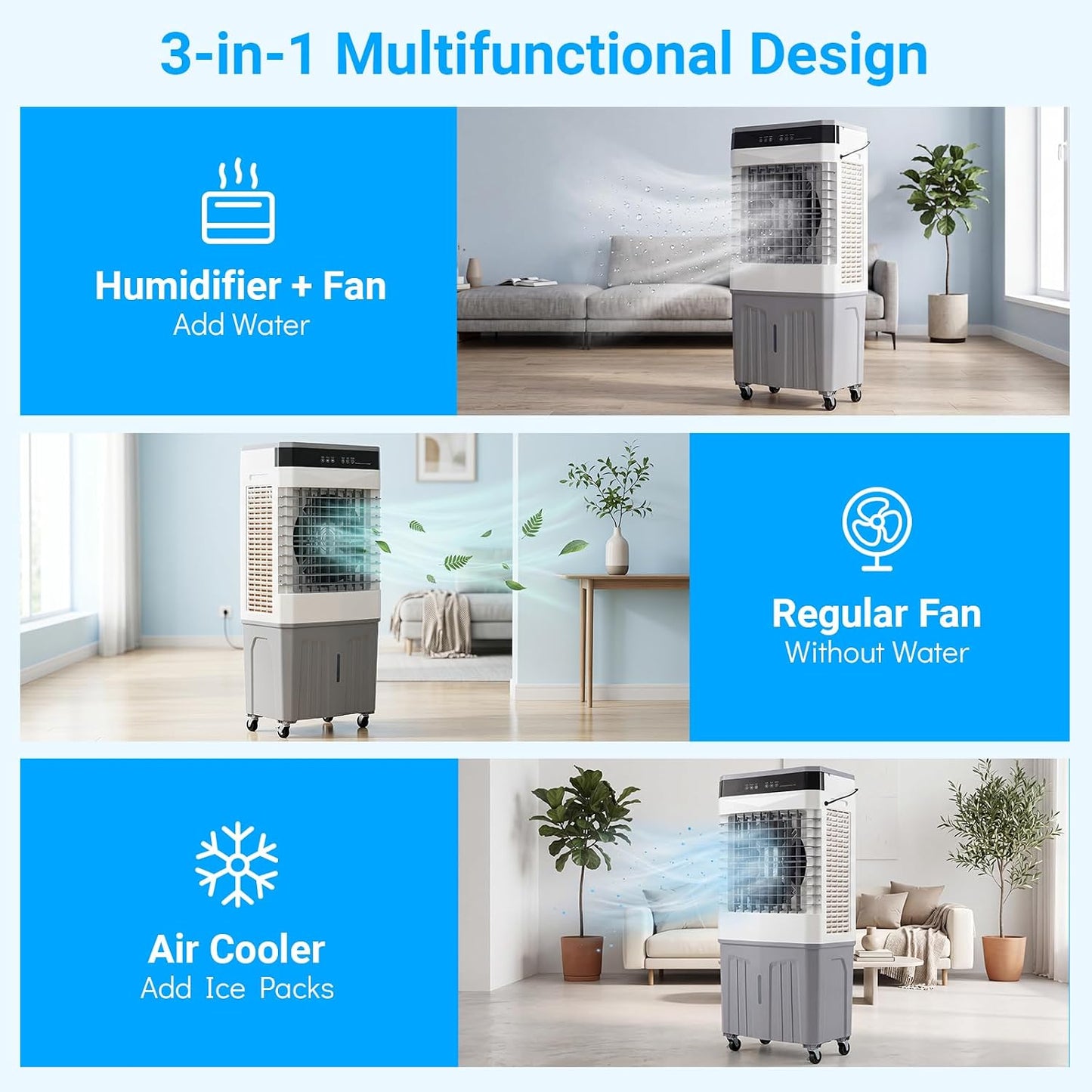 GENERIC Refroidisseur D'air Par évaporation Avec Télécommande, Ventilateur à 3 Vitesses, Humidificateur, Affichage LED, Minuterie 12 H, 4 Blocs De Glace, AC Portable Pour Chambre à Coucher Et Maison