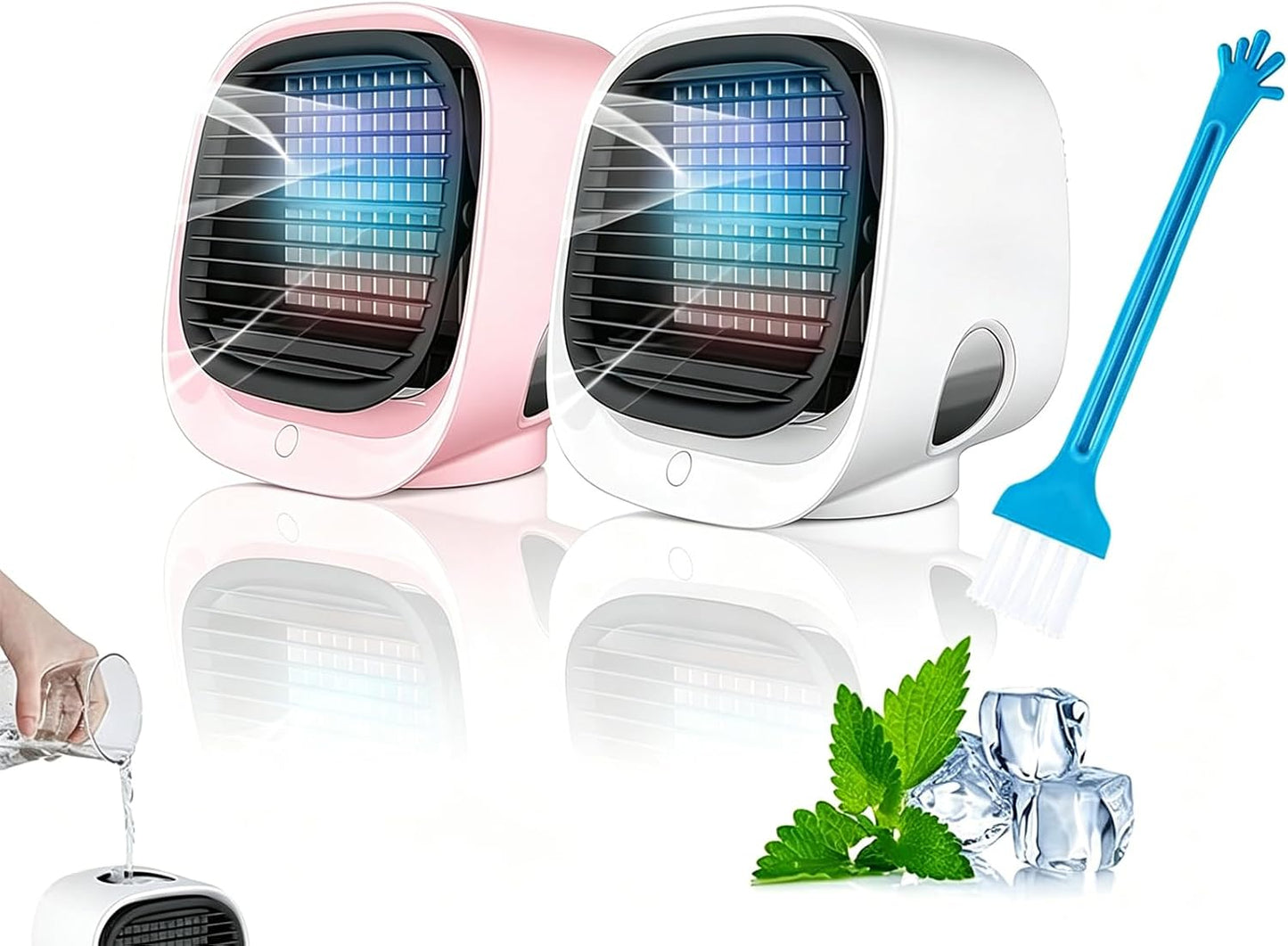  Mini Climatiseur Portable Blanc - Climatiseur Mobile Silencieux Sans Évacuation | 4 En 1 Rafraichisseur D'air & Petit Humidificateur Avec 3 Vitesses, Veilleuse & Rechargeable USB (2PC)