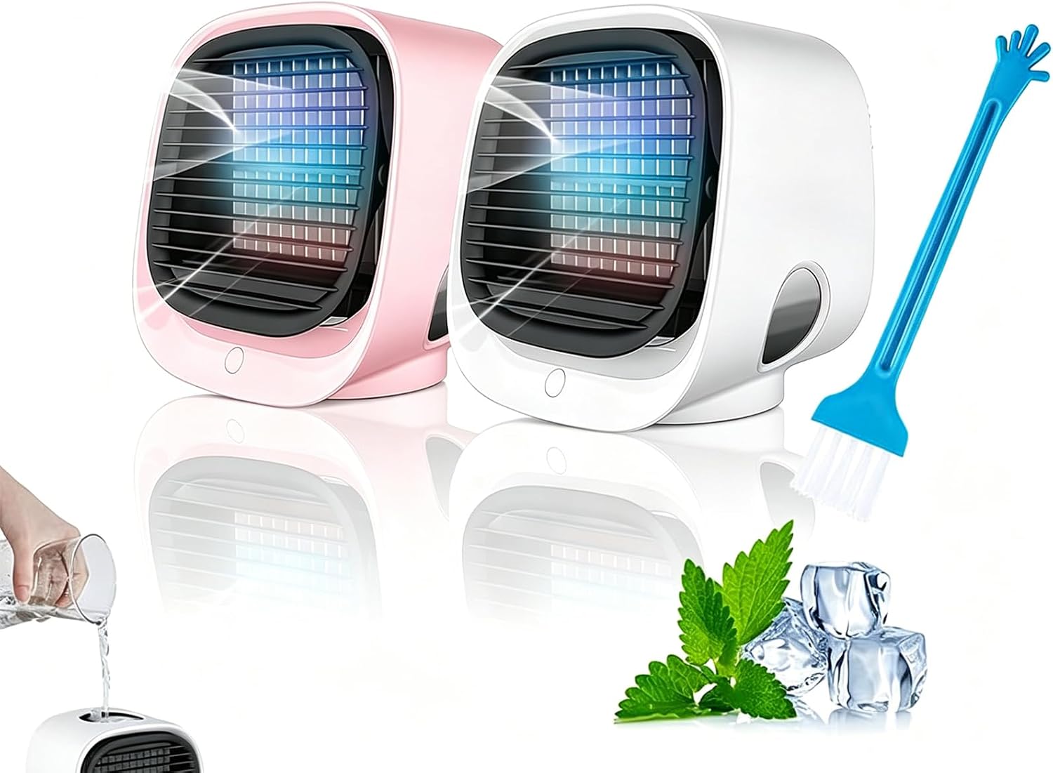  Mini Climatiseur Portable Blanc - Climatiseur Mobile Silencieux Sans Évacuation | 4 En 1 Rafraichisseur D'air & Petit Humidificateur Avec 3 Vitesses, Veilleuse & Rechargeable USB (2PC)