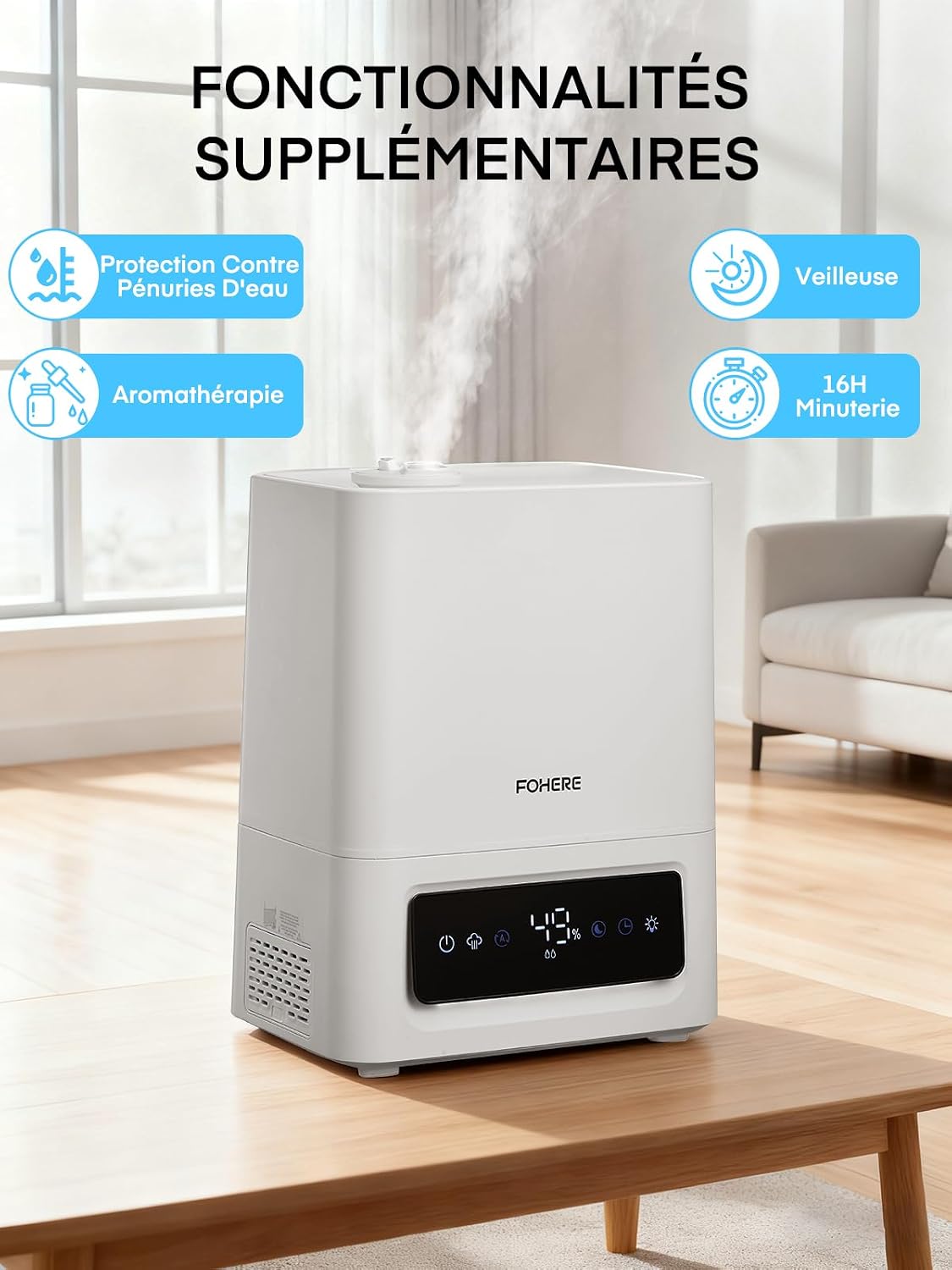  FOHERE Humidificateur D'air Chambre 6L, 60H Fonctionnement, 28dB Ultra-Silencieux, Humidifier Pour Grandes Pièces, Chambre, Bébé, Capteur D'Humidité, Minuterie 16H, Veilleuse, Diffuseur D'Huiles