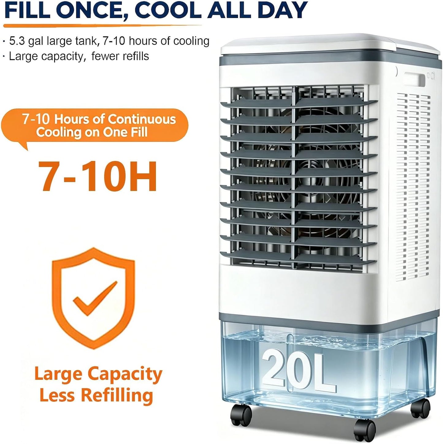 GENERIC Refroidisseur D'air Et Ventilateur Portables 3 En 1, Oscillation 120°, Roulettes 360°, Réservoir 20 L, 3 Vitesses, Rideau D'eau 1177 CFM, Sans Fenêtre, 80 W, For Chambre à Coucher, Bureau à Domicile