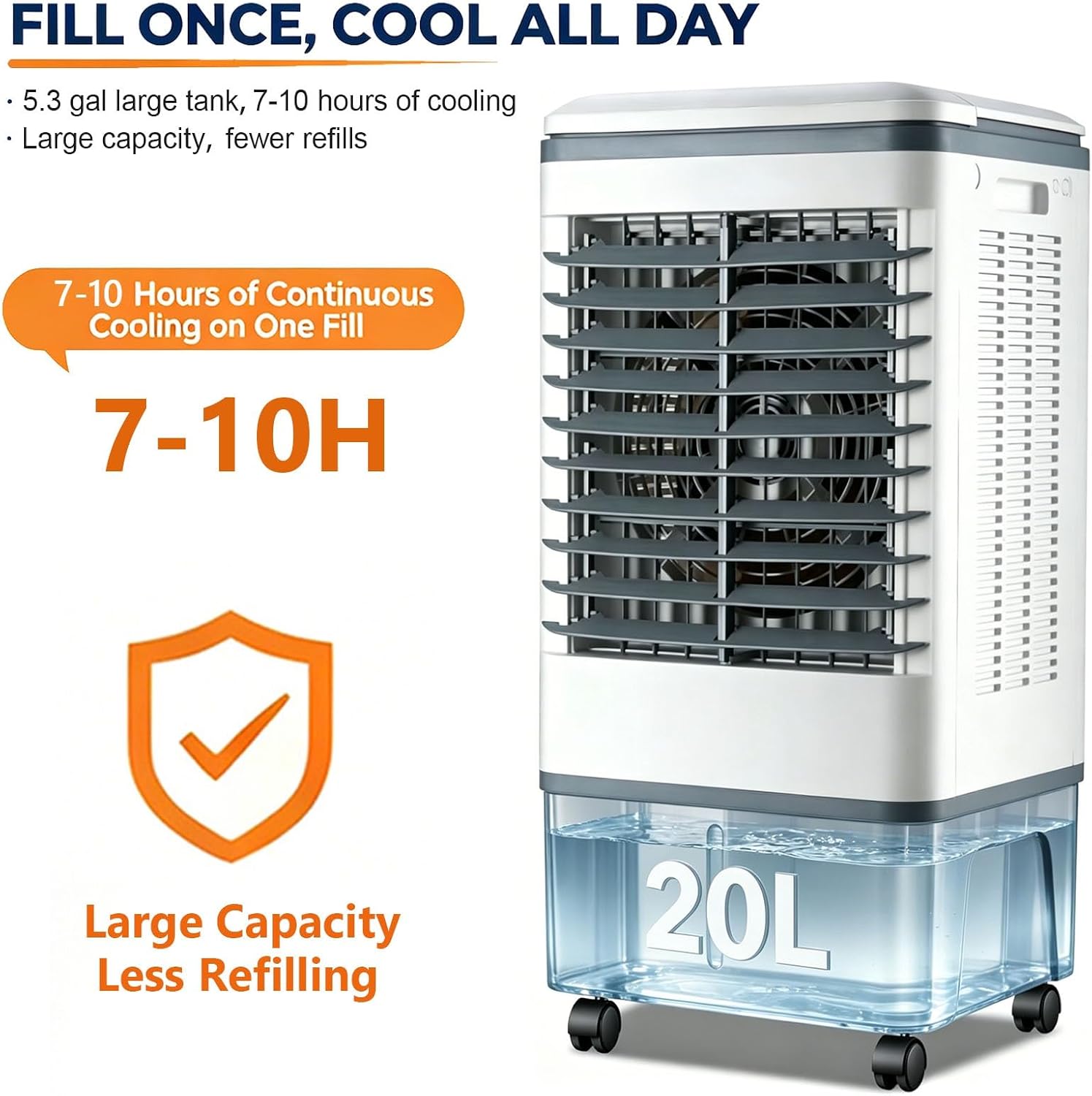 GENERIC Refroidisseur D'air Et Ventilateur Portables 3 En 1, Oscillation 120°, Roulettes 360°, Réservoir 20 L, 3 Vitesses, Rideau D'eau 1177 CFM, Sans Fenêtre, 80 W, For Chambre à Coucher, Bureau à Domicile