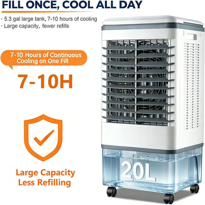 GENERIC Refroidisseur D'air Et Ventilateur Portables 3 En 1, Oscillation 120°, Roulettes 360°, Réservoir 20 L, 3 Vitesses, Rideau D'eau 1177 CFM, Sans Fenêtre, 80 W, For Chambre à Coucher, Bureau à Domicile