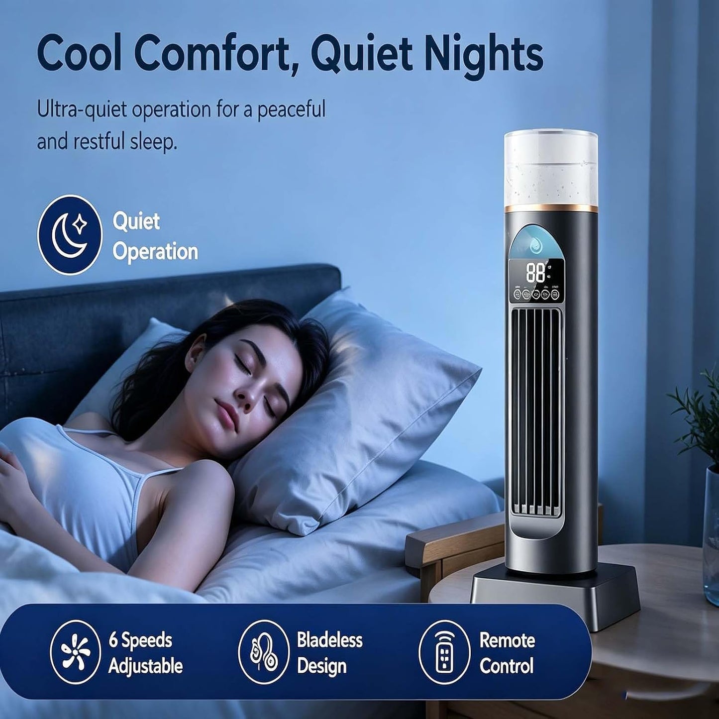 GENERIC Ventilateur Portable à Refroidissement Par Eau, Rafraîchisseur D'air Par évaporation Avec Télécommande Et Réservoir D'eau De 230 Ml, Silencieux, 6 Vitesses Et Minuterie 6 H, Ventilateur Tour White