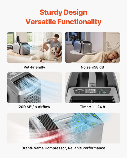  VEVOR Climatiseur Portable Pour Camping 4850 BTU, Climatiseur Mobile Split à Double Tuyau Pour Tente Et Camping-car, Avec Télécommande, Température Réglable 16-32 ℃, Débit D'Air 200 M³/h, Gris Foncé