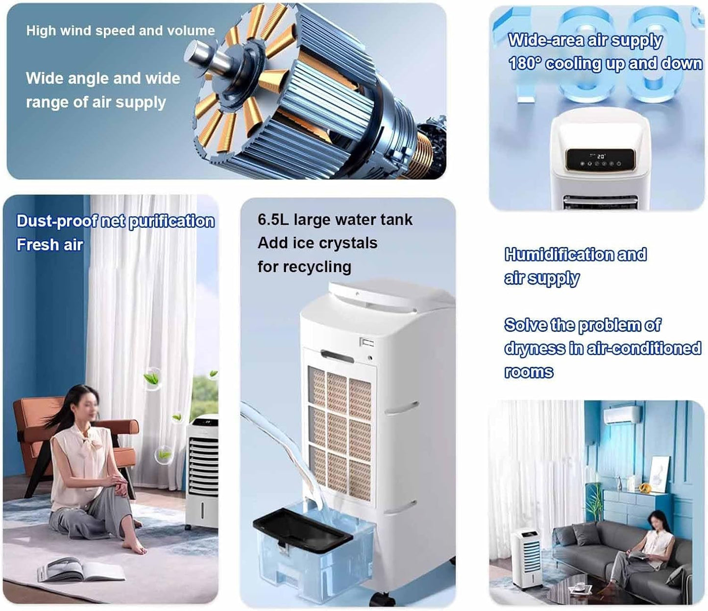 GENERIC Refroidisseur D'air Portable Avec Réservoir De 6,5 L Et 4 Roues, Ventilateur à 3 Vitesses, Minuterie 24 H, Télécommande Pour Bureau, Chambre