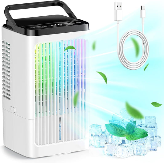  Climatiseur Portable 4 En 1, Refroidisseur D'air Portable 1200 Ml, 4 Vitesses, 2 Brumisations, 7 Couleurs LED, Minuterie 1-8H, Refroidisseur D'air Pour Camping, Bureau (blanc)