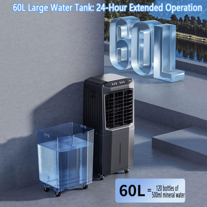 GENERIC Climatiseur Portable à évaporation Avec Réservoir De 60 L, Oscillation à 120°, Ultra Silencieux, Minuterie 12 H, Télécommande, Pour Appartement, Garage Ou Extérieur.