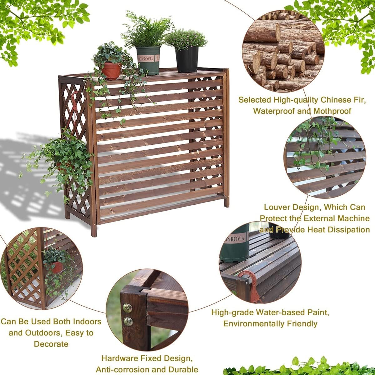  Housse De Protection Pour Climatiseur Pompe à Chaleur, Support De Fleurs D'extérieur En Bois, écran De Confidentialité En Bois Massif Pour Climatiseur, Protection De Balcon Dissimulée