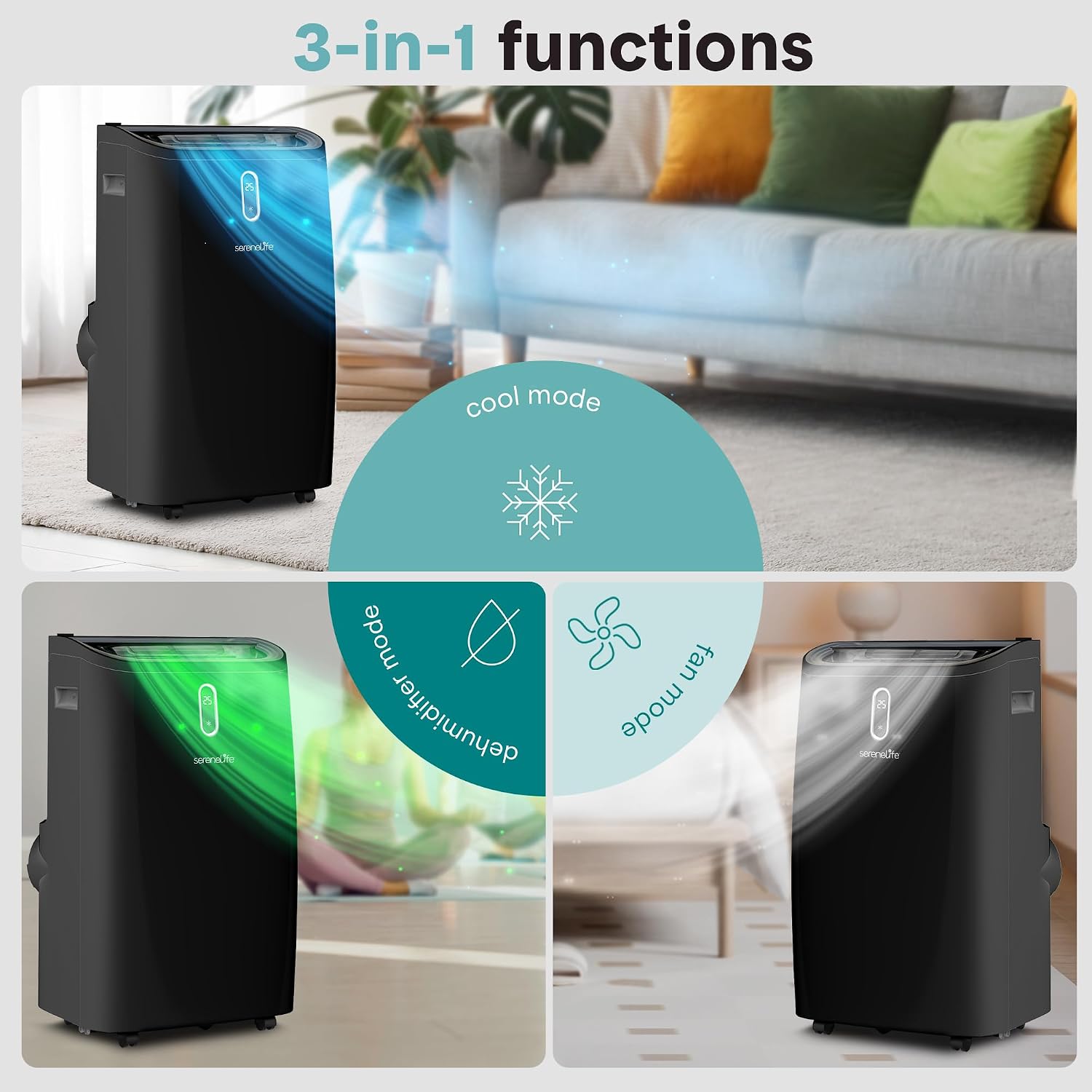  SereneLife Climatiseur Portable, Capacité 12000 BTU (ASHRAE) Unité De Refroidissement Maison Compacte A/C Avec Déshumidificateur Et Modes Ventilateur, Couverture De 380 M², Kit De Montage De Fenêtre