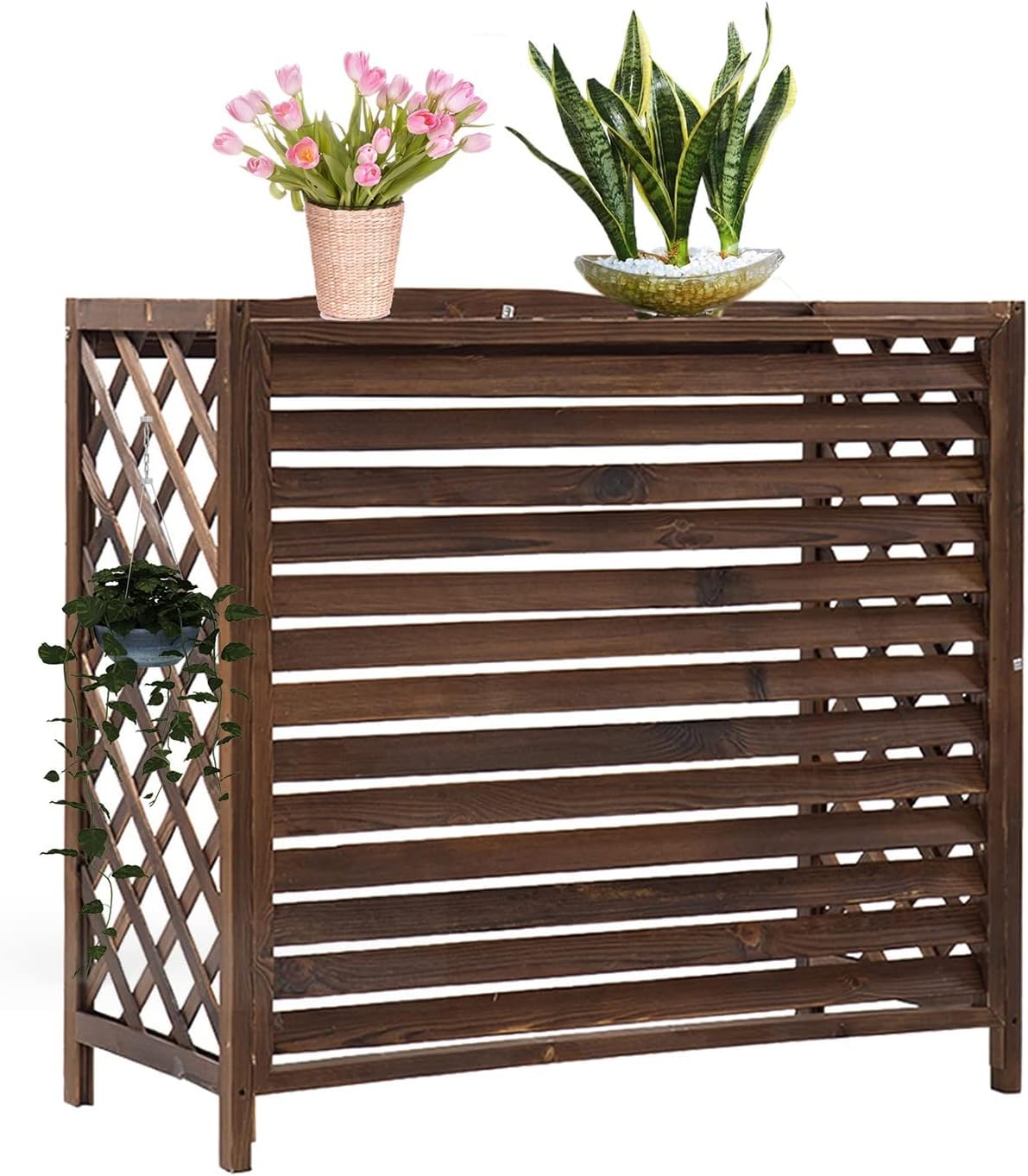  Housse De Protection Pour Climatiseur Pompe à Chaleur, Support De Fleurs D'extérieur En Bois, écran De Confidentialité En Bois Massif Pour Climatiseur, Protection De Balcon Dissimulée