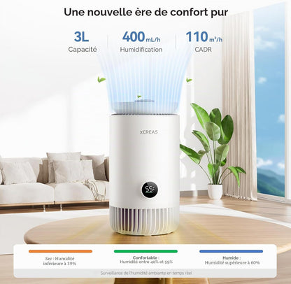  Humidificateur D'air 2-en-1 Avec Purificateur – Performance D'humidification Hygiénique Pour Pièce Jusqu'à 20 M², Réservoir 3L, 400 Ml/h – Filtre HEPA NanoProtect + Filtre à Charbon Actif