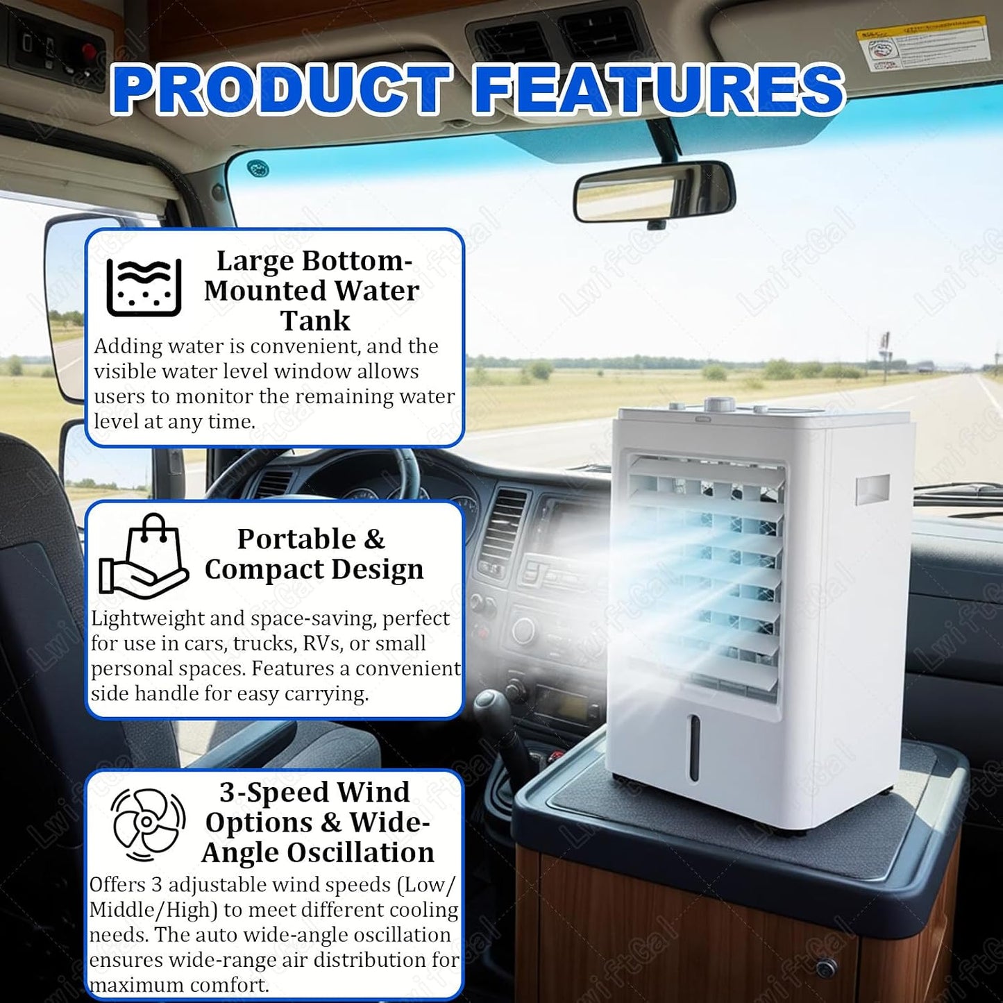  Mini Climatiseur Pour Camping-Car, Ventilateur Portable, RafraîChisseur D'air Par éVaporation Avec 3 Vitesses De Ventilation, Ventilateur De Refroidissement 12V