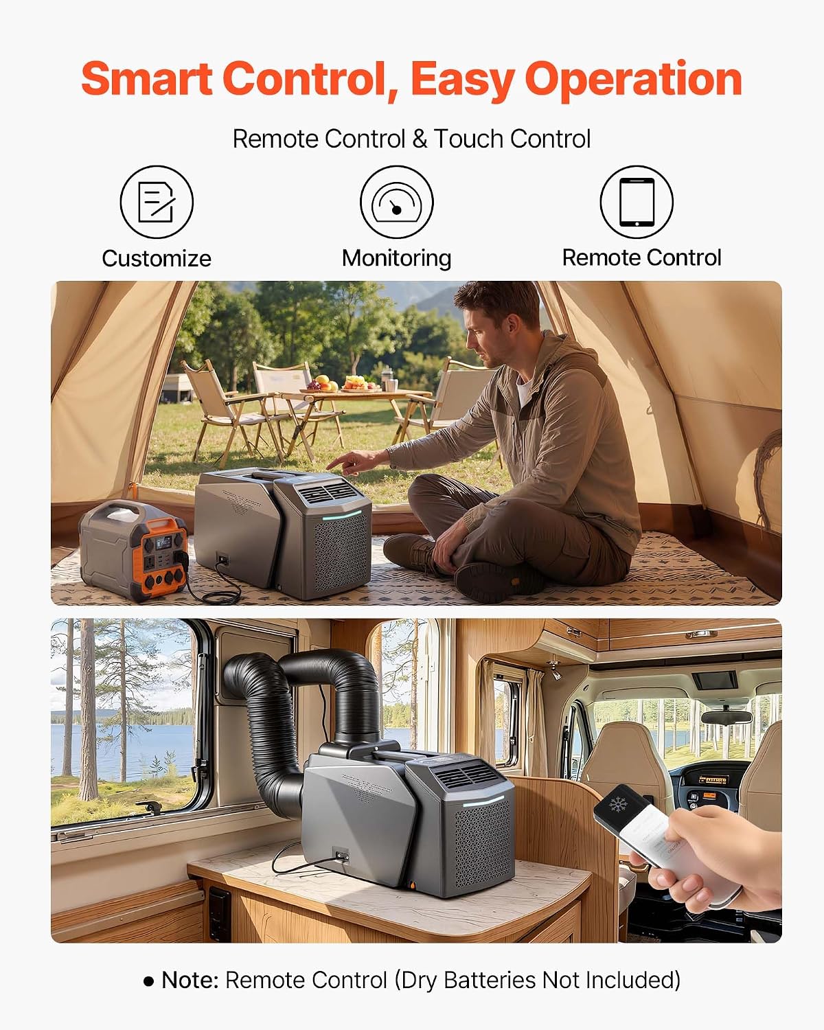  VEVOR Climatiseur Portable Pour Camping 4850 BTU, Climatiseur Mobile Split à Double Tuyau Pour Tente Et Camping-car, Avec Télécommande, Température Réglable 16-32 ℃, Débit D'Air 200 M³/h, Gris Foncé