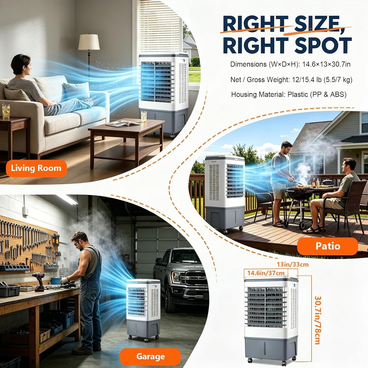 GENERIC Refroidisseur D'air Et Ventilateur Portables 3 En 1, Oscillation 120°, Roulettes 360°, Réservoir 20 L, 3 Vitesses, Rideau D'eau 1177 CFM, Sans Fenêtre, 80 W, For Chambre à Coucher, Bureau à Domicile