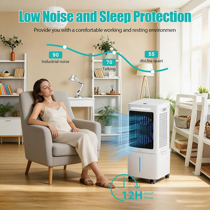 GENERIC Rafraîchisseur Portable Haut Débit 800 M³/h, Refroidisseur D'Air 25L Sans Tuyau Pour Maison, Humidificateur Évaporatif 4-en-1 Avec Télécommande, Minuterie 12H Et Bac Détachable