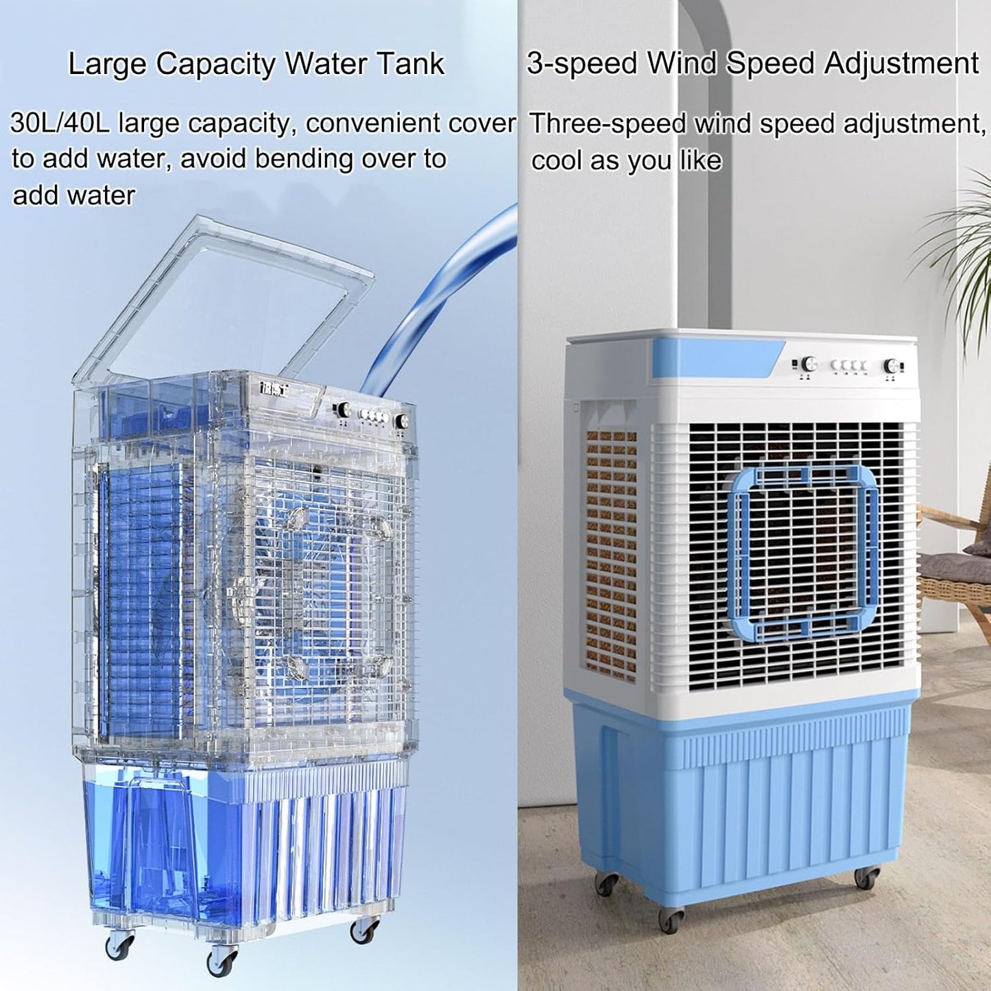 GENERIC Refroidisseur D'air évaporatif Commercial, Refroidisseur De Marais 3 En 1 Avec Réservoir 30L/40L, 3 Vitesses, 150 Large Swing, Portable Pour L'usine D'atelier De Garage