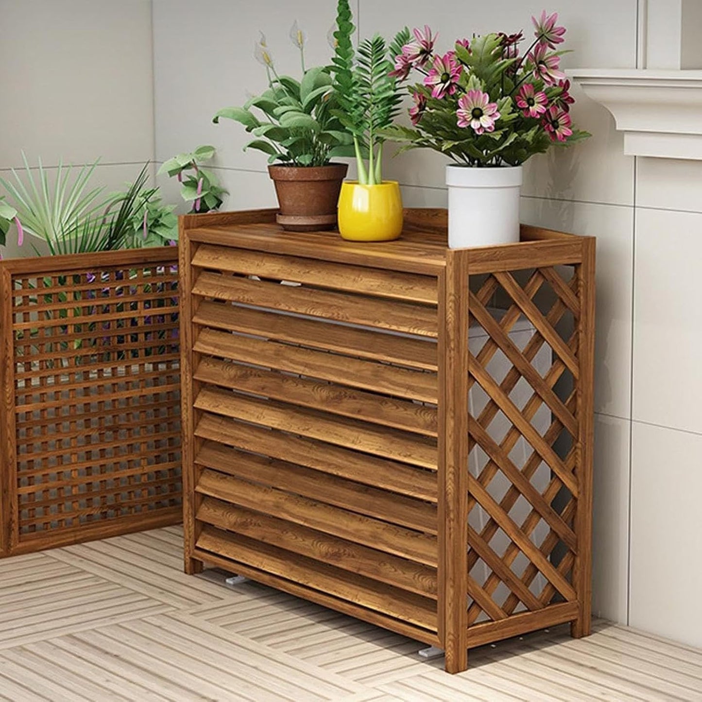 GENERIC Housse De Protection En Bois Pour Climatiseur Extérieur - Anti-corrosion - Grille Décorative Pour Pompe à Chaleur Et Support De Fleurs - 100 X 92 Cm