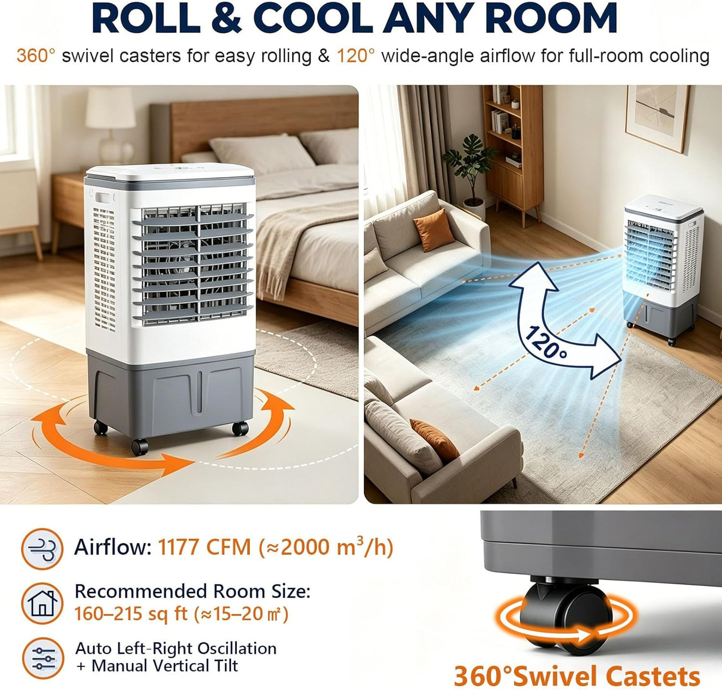 GENERIC Refroidisseur D'air Et Ventilateur Portables 3 En 1, Oscillation 120°, Roulettes 360°, Réservoir 20 L, 3 Vitesses, Rideau D'eau 1177 CFM, Sans Fenêtre, 80 W, For Chambre à Coucher, Bureau à Domicile