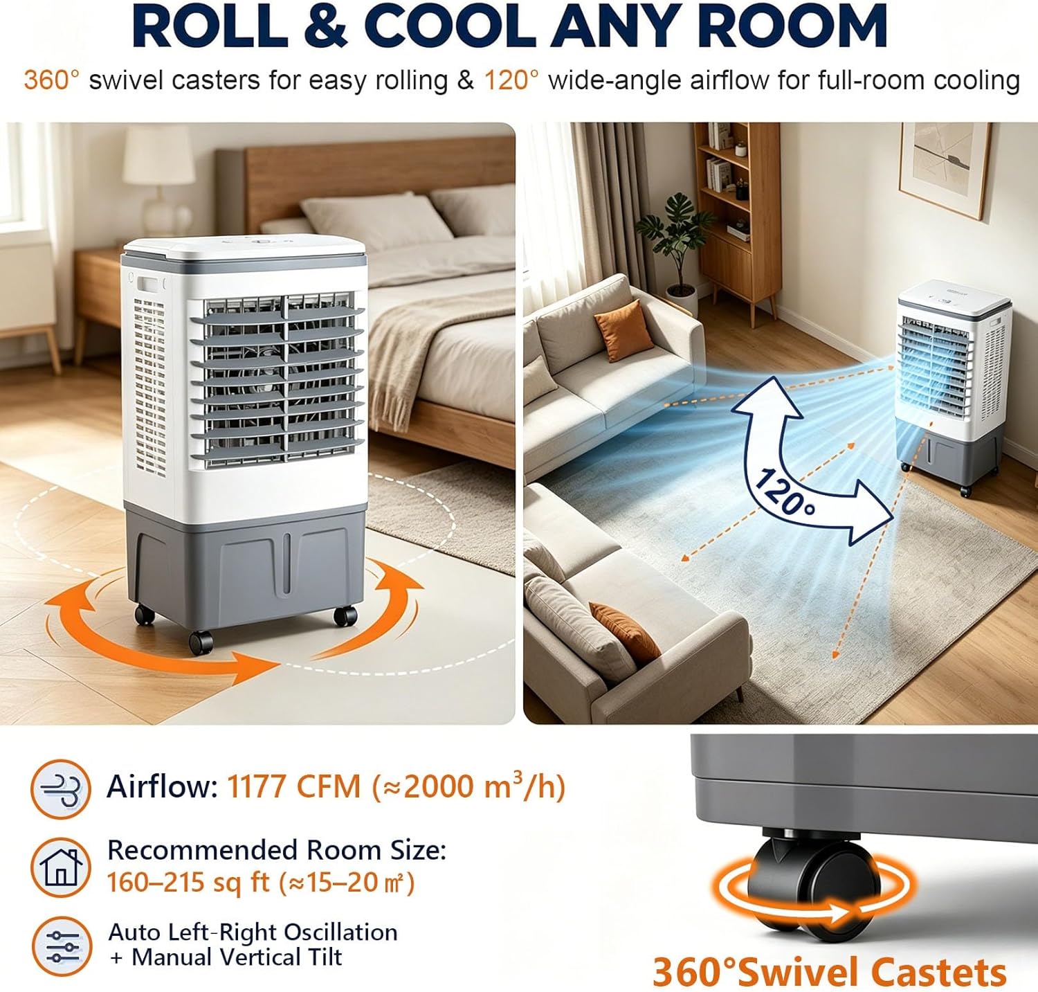 GENERIC Refroidisseur D'air Et Ventilateur Portables 3 En 1, Oscillation 120°, Roulettes 360°, Réservoir 20 L, 3 Vitesses, Rideau D'eau 1177 CFM, Sans Fenêtre, 80 W, For Chambre à Coucher, Bureau à Domicile