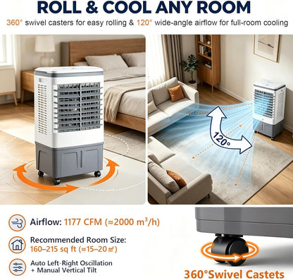 GENERIC Refroidisseur D'air Et Ventilateur Portables 3 En 1, Oscillation 120°, Roulettes 360°, Réservoir 20 L, 3 Vitesses, Rideau D'eau 1177 CFM, Sans Fenêtre, 80 W, For Chambre à Coucher, Bureau à Domicile