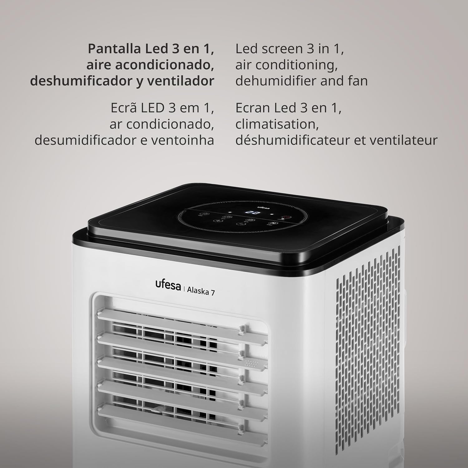  Ufesa Climatiseur Portable A7 3en1, Refroidissement, Ventilation Et Déshumidification, 7000 BTU/jour, Silencieux, Affichage LED, Minuterie 24h, Jusqu'à 12m², Gaz R290, Télécommande