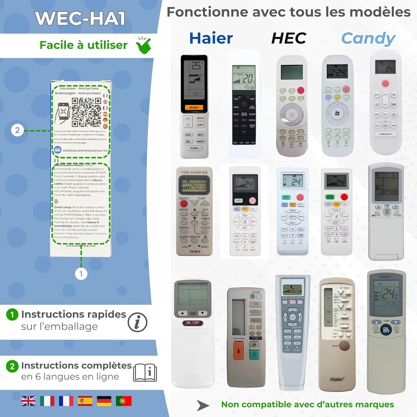 Wellclima WEC-HA1 Télécommande Pour Climatiseur Pour Haier, Pour HEC, Pour Candy, Plus Complète Que Les Universelles, Prête à L’Emploi Avec Fonctions Spéciales, Pour Inverter Et Pompe à Chaleur
