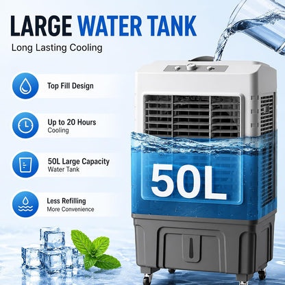  Refroidisseur D’air Évaporatif Portable 55L, Swamp Cooler Avec 3 Vitesses De Refroidissement, Oscillation 120°, 8 Packs De Glace, Climatiseur Pour Chambre Bureau Garage