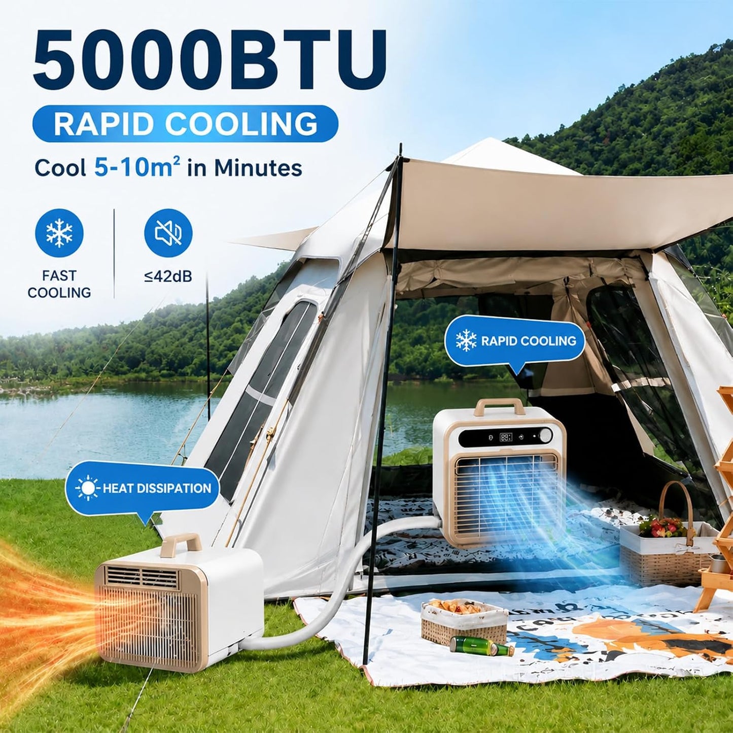  Climatiseur Tente Camping 5000 BTU, Climatiseur Split 1.5m | Structure Mobile Silencieuse, Mini AC De Table Pour Chambre Bureau, Choix De Tuyau 1m/1.5m/2m Sans Eau 12H