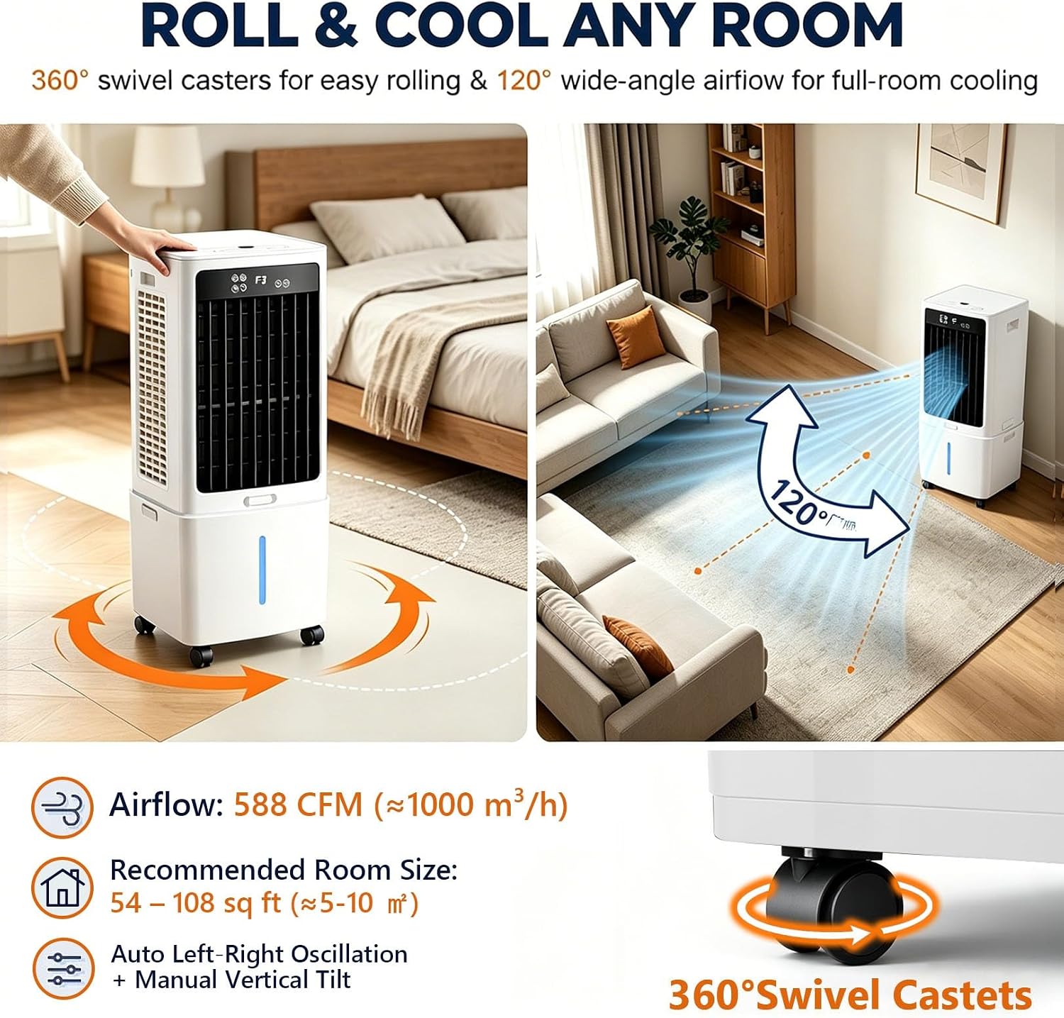 GENERIC Refroidisseur D'air Par évaporation Portable, Réservoir De 12 L, Refroidissement Rapide Par Rideau D'eau 588 CFM, Ventilateur à 3 Vitesses, Climatisation Sans Fenêtre, Télécommande Pivotante à 120°