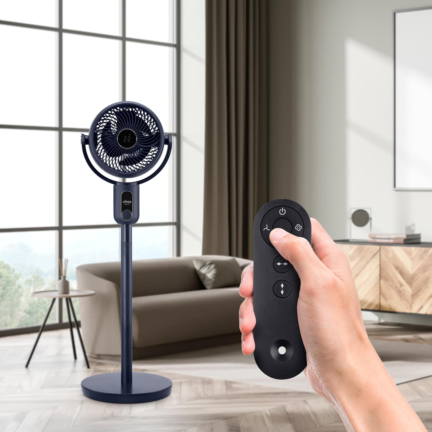  UFESA 3D50 Ventilateur De Circulation D'air Avec Oscillation 3D 360º, Multidirectionnel, 50W, 2 Hauteurs, 3 Vitesses, 3 Modes, 1m Haut, Télécommande, Minuterie, Écran LED, Nero