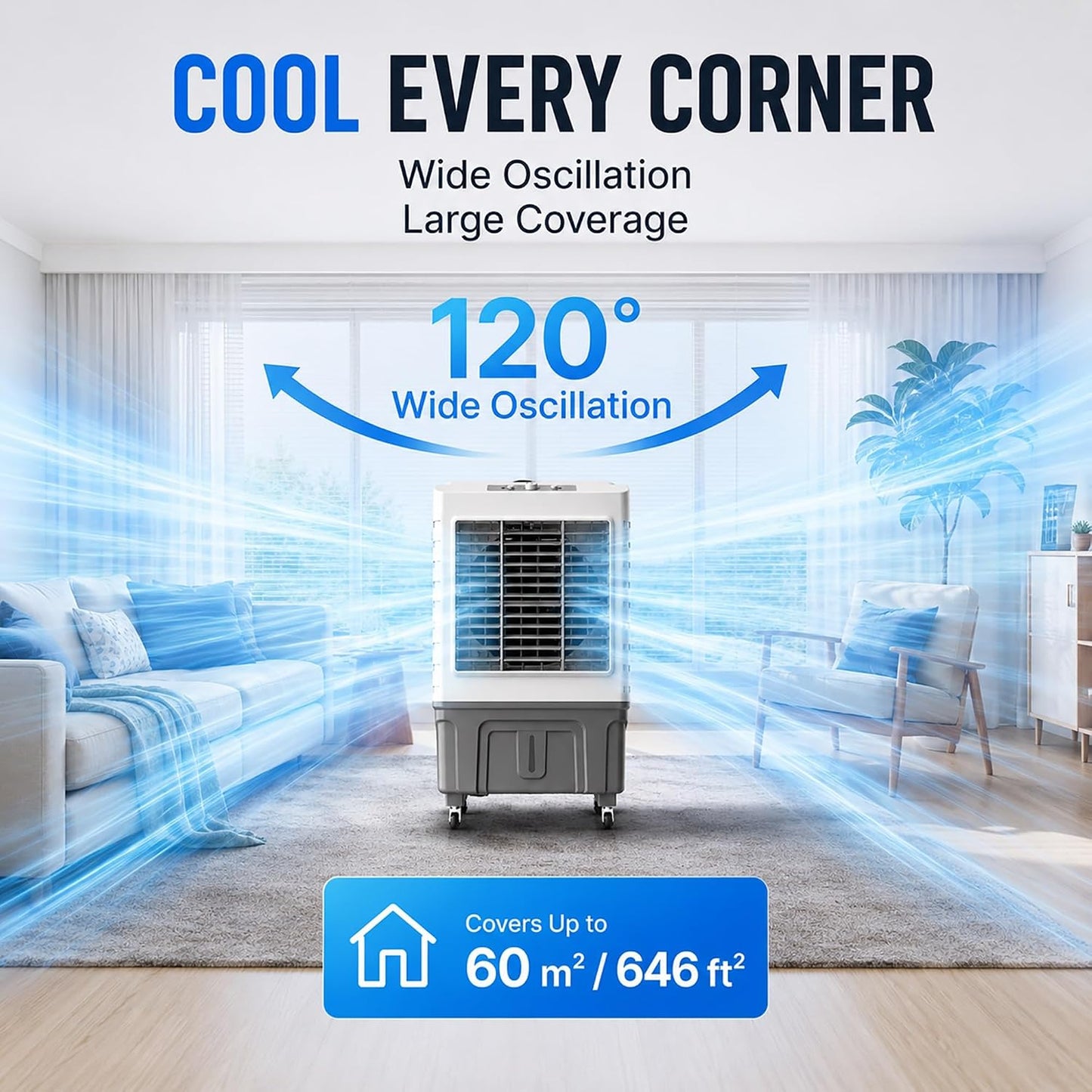  Refroidisseur D’air Évaporatif Portable 55L, Swamp Cooler Avec 3 Vitesses De Refroidissement, Oscillation 120°, 8 Packs De Glace, Climatiseur Pour Chambre Bureau Garage