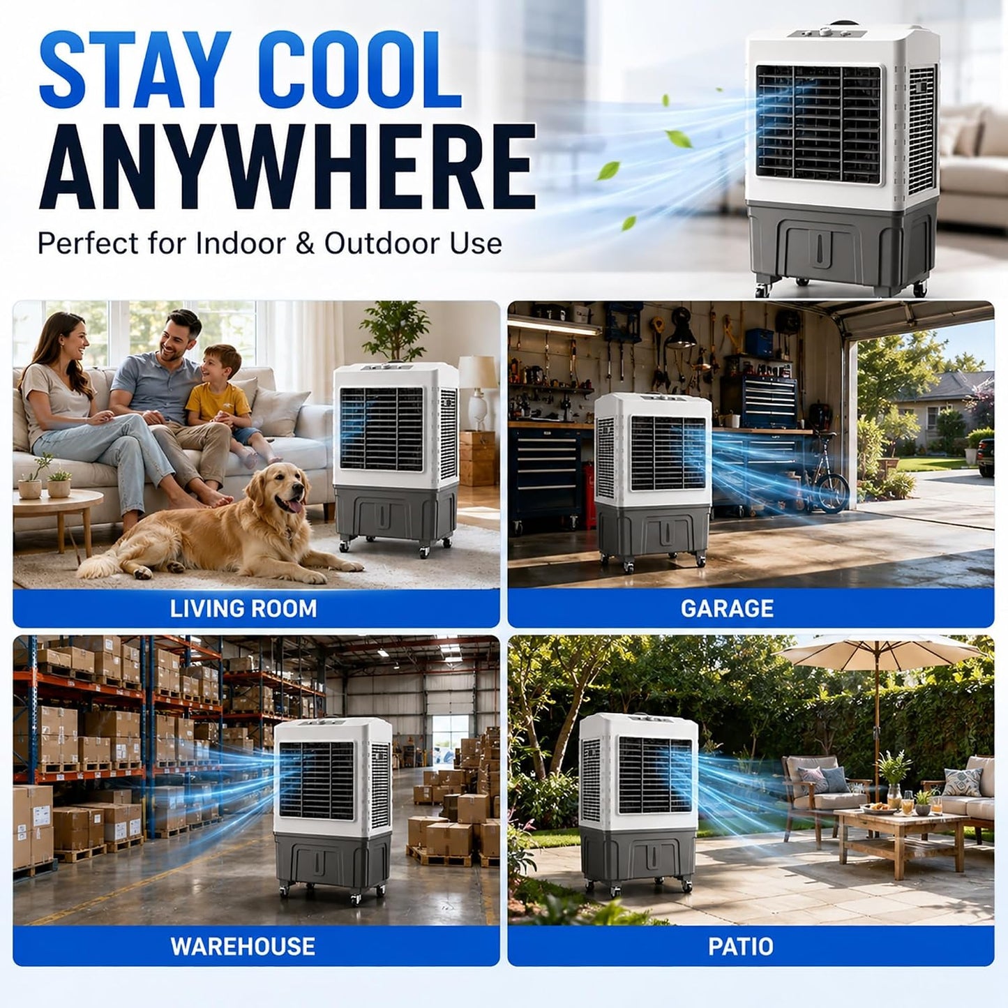  Refroidisseur D’air Évaporatif Portable 55L, Swamp Cooler Avec 3 Vitesses De Refroidissement, Oscillation 120°, 8 Packs De Glace, Climatiseur Pour Chambre Bureau Garage